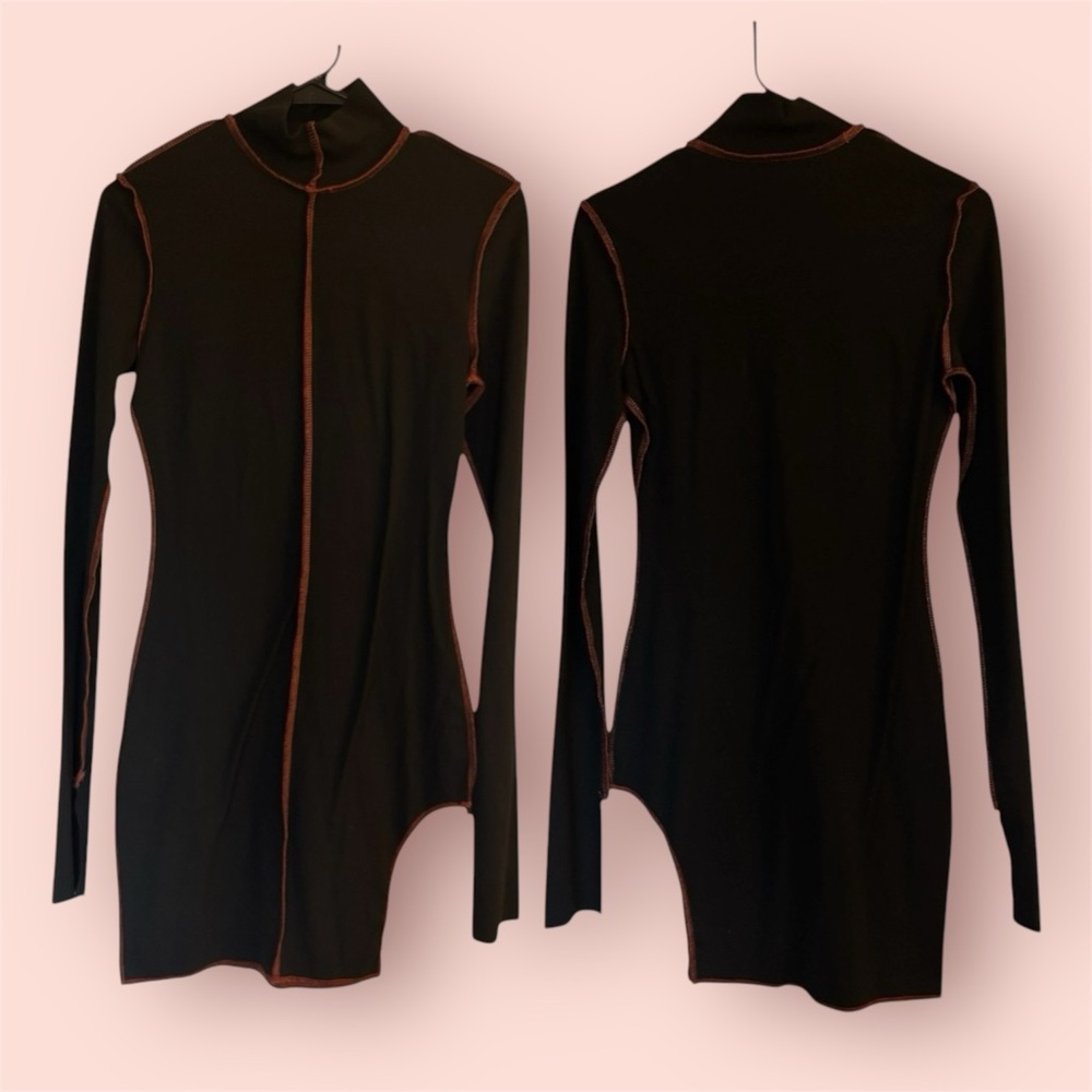 NWOT black long sleeve orange contrast cut out mockneck goth bodycon mini dress
